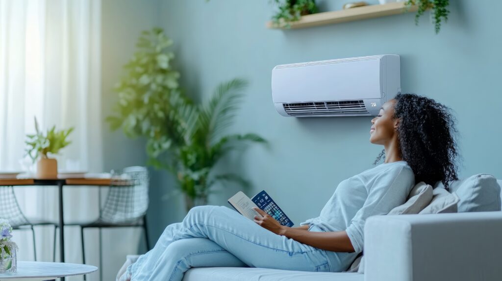 A woman relaxes on a couch with a book and remote, enjoying a comfortable living space.